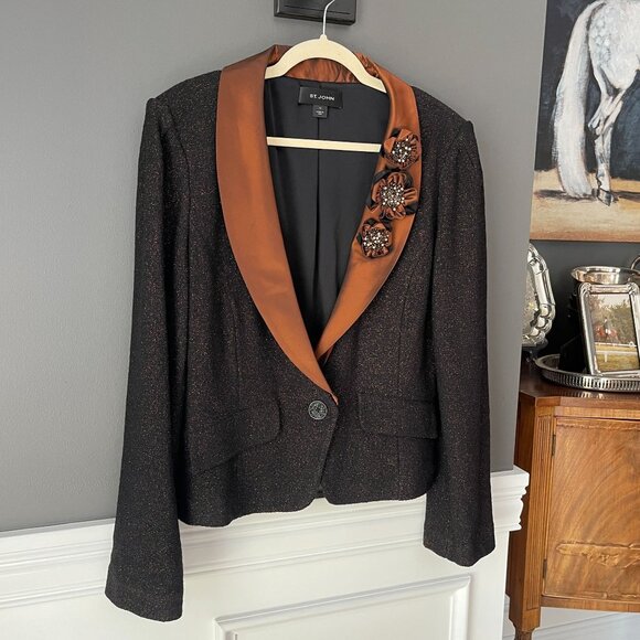 St. John Knit Skirt Suit Set Metallic Black Copper 3 Pc Blazer Skirt Silk Top 14 - Picture 4 of 16